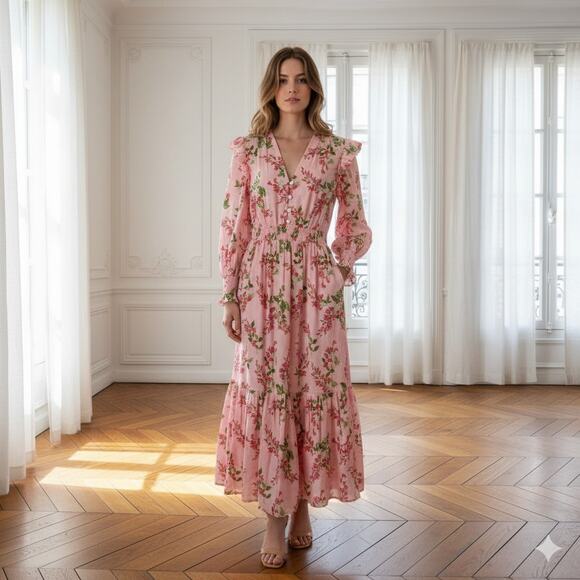 Banjanan Peach PInk Floral Ruffle Long Sleeve Maxi Cottage Dress Large - Picture 1 of 9